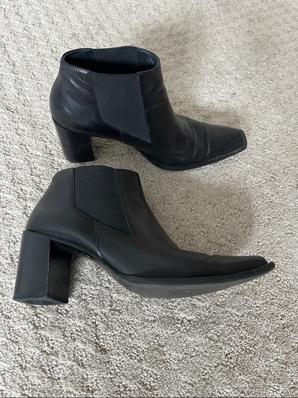Paul Green Black Leather Pointed Toe Ankle Boots with Block Heel